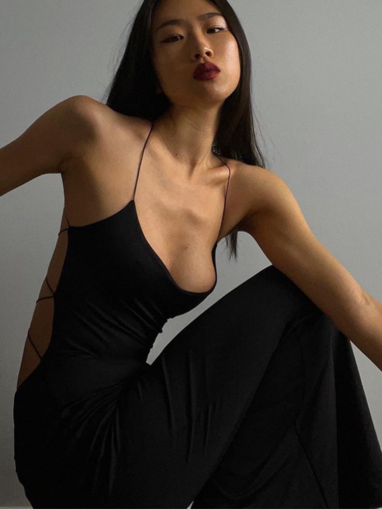 Black Bodycon Backless Charming Thin Strap Maxi Dress