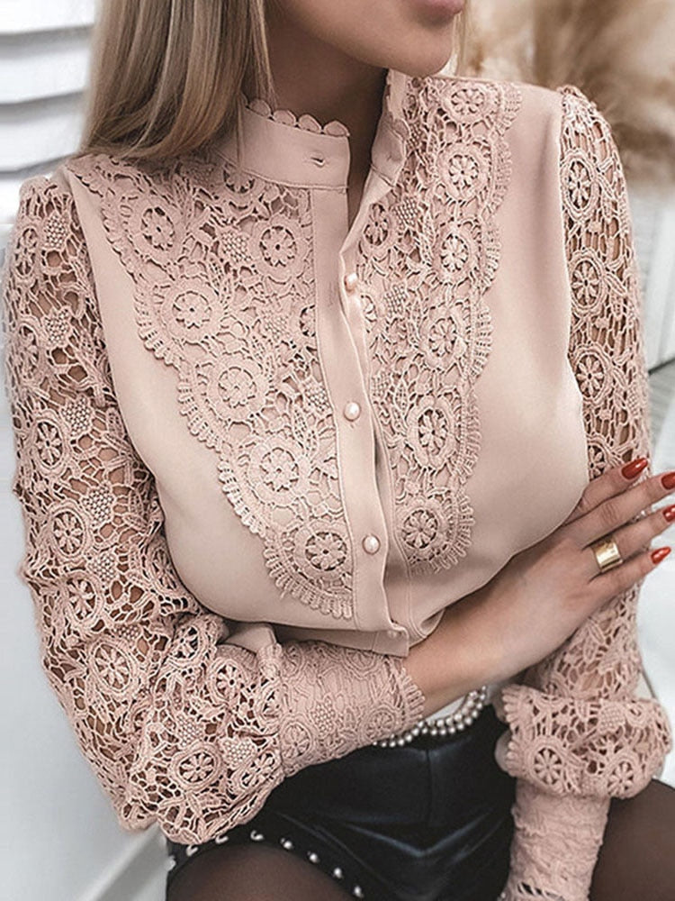 Up Pink Arm Lace Vintage Spliced Button Blouse Women's Long Casual Top