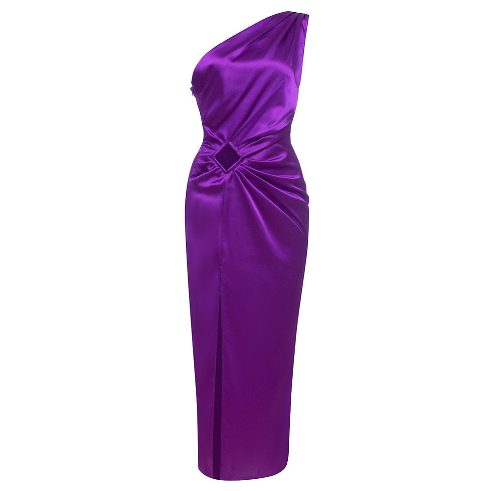 Purple One Shoulder Satin Graceful Hollow Cut Maxi Dress