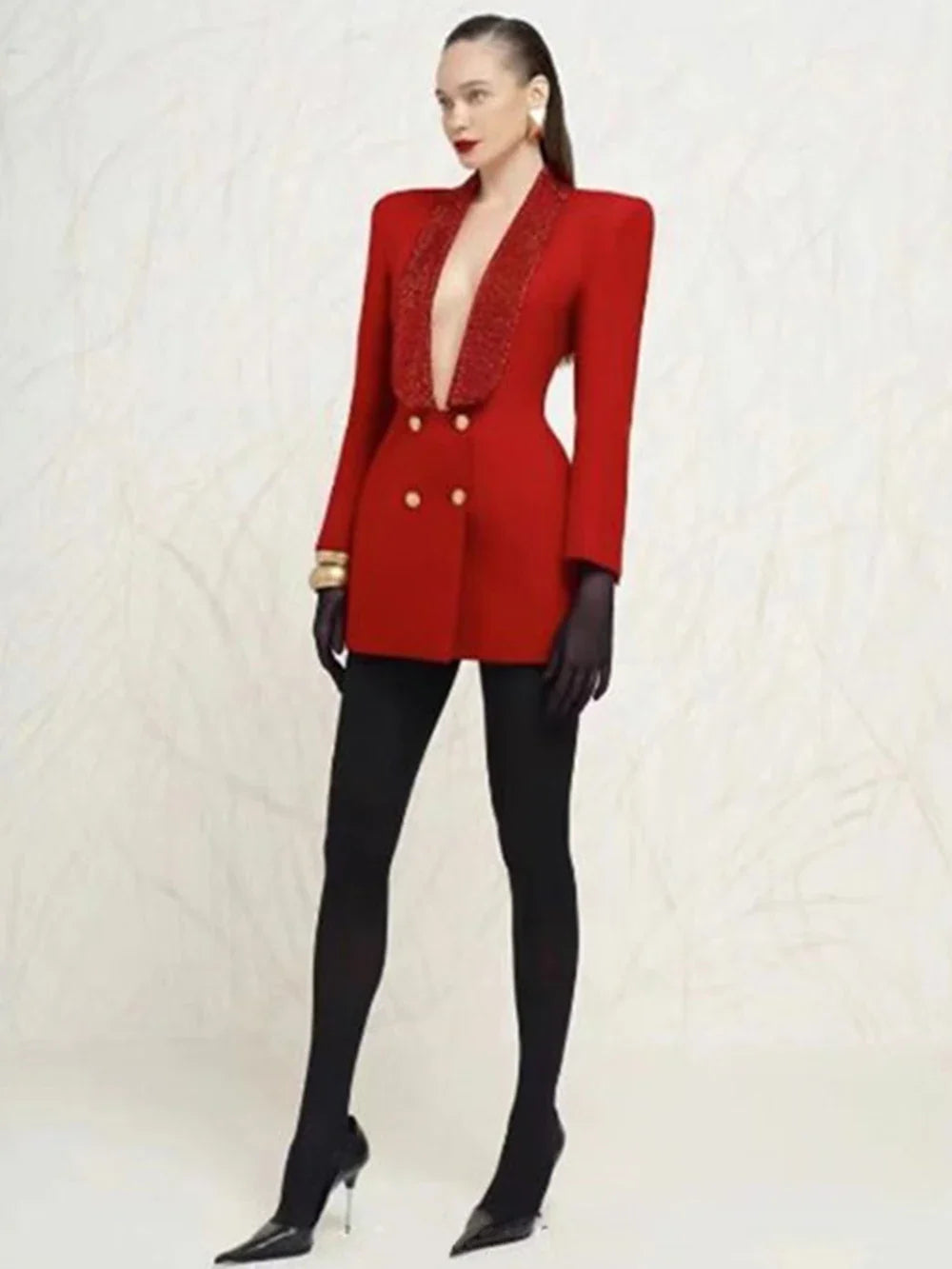 Red Sequin Collar Charming Open Back Blazer Dress