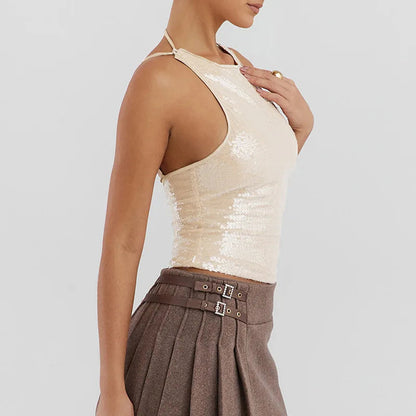 Beige Sequin Stylish Tank Top