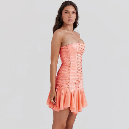 Satin Lace Up Charming Bandage Strapless Mini Dress