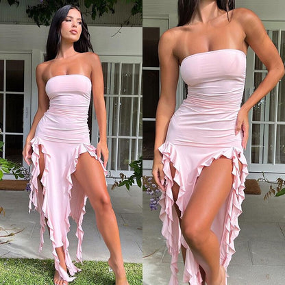 Ruffle Fringe Double Charming Slit Tube Midi Dress