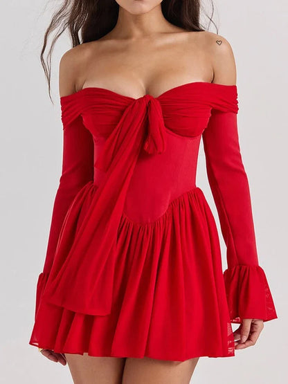 Red Off-Shoulder Stylish Frill Mini Dress