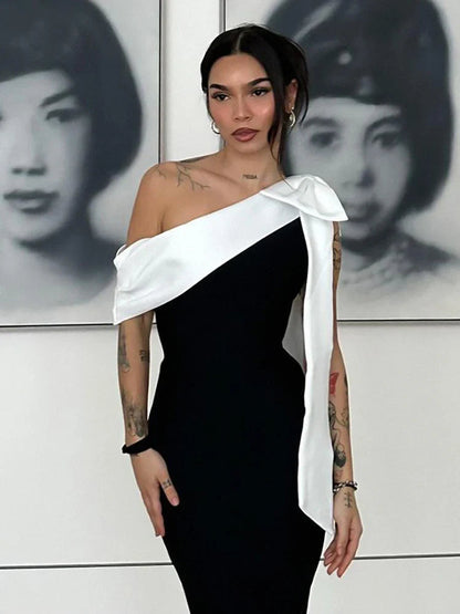 Black One Shoulder Contrast Graceful Tie Up Midi Dress