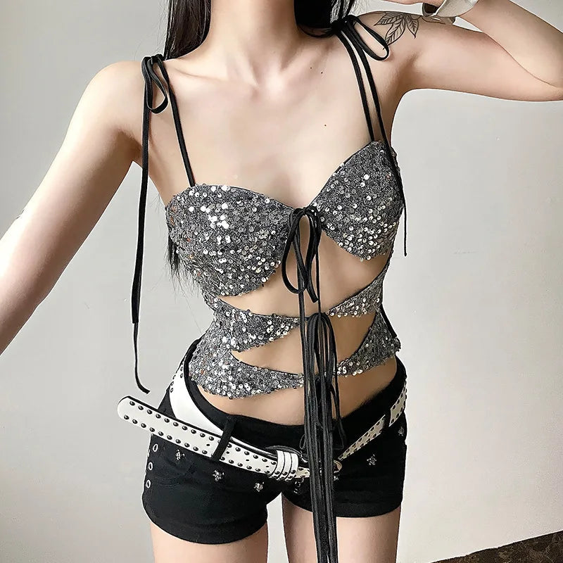 Sequin Silver Cut Out Graceful Tie Up Strappy Top