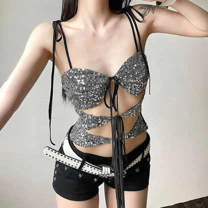 Sequin Silver Cut Out Graceful Tie Up Strappy Top