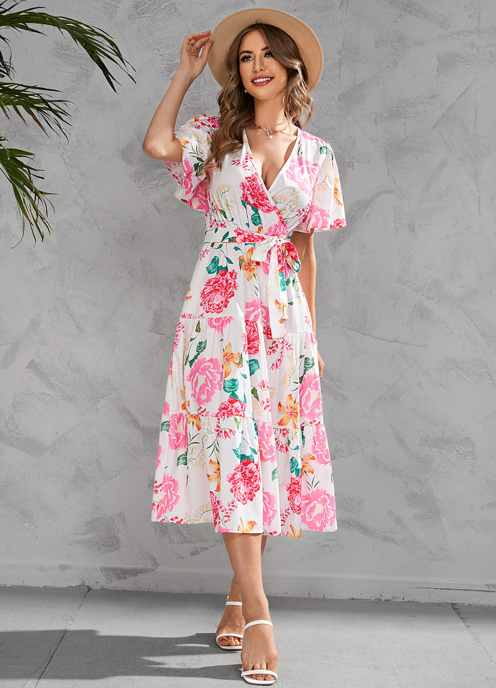 Women's Summer Floral V-Neck Short Sleeve Dress with Belt - Chiffon Mid-Length Boho Beach Sundress