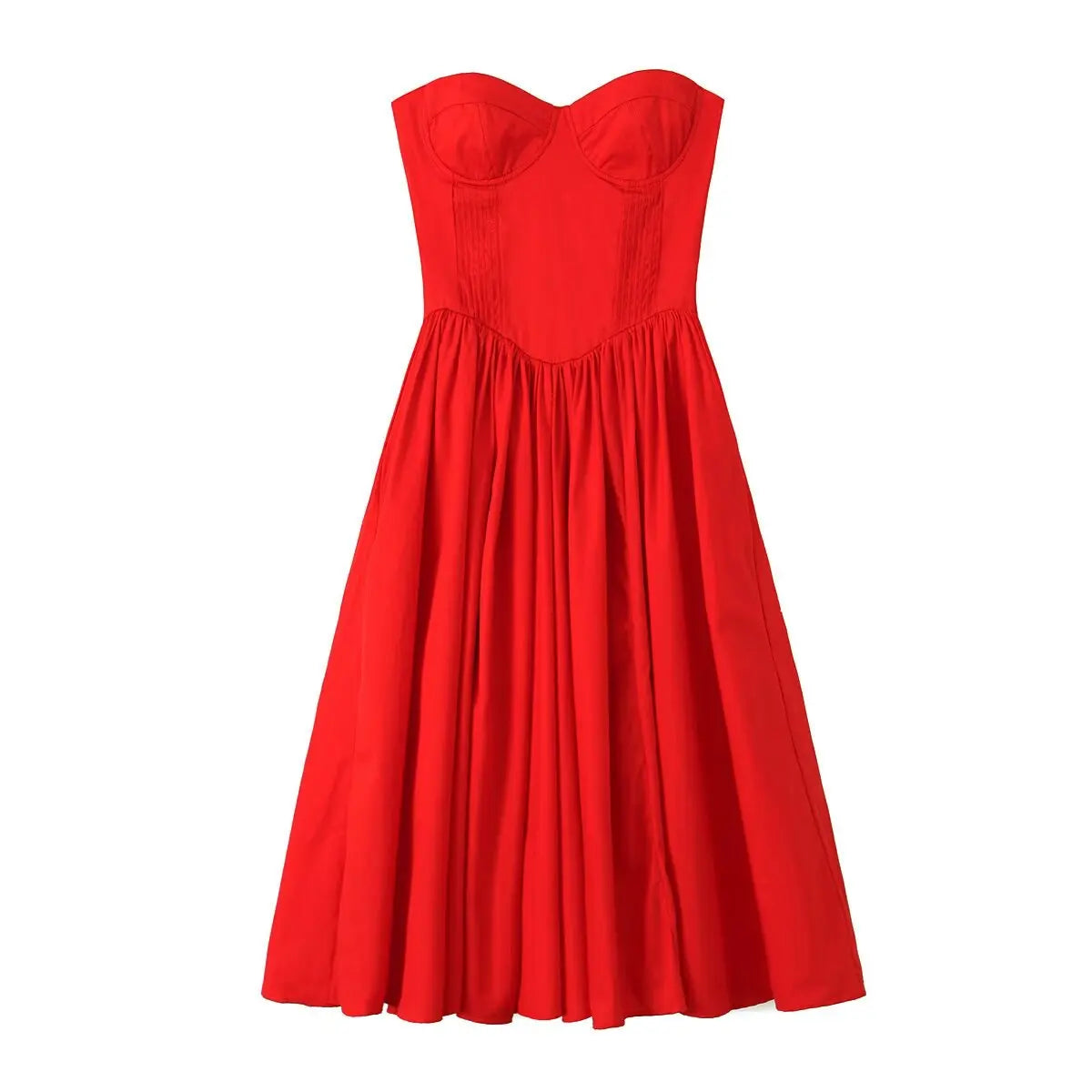 Red Bustier Pleated Charming Flare Midi Dress