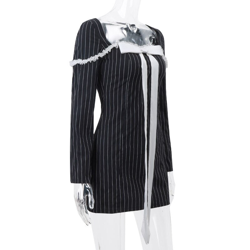 Black Stripe Long Charming Sleeve Bow Mini Dress