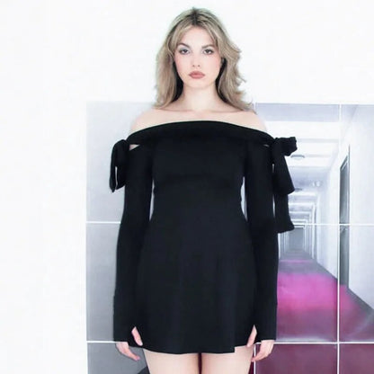 Black Off-shoulder Bow Charming Long Sleeve Mini Dress