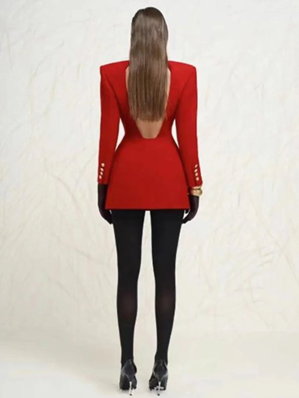 Red Sequin Collar Charming Open Back Blazer Dress