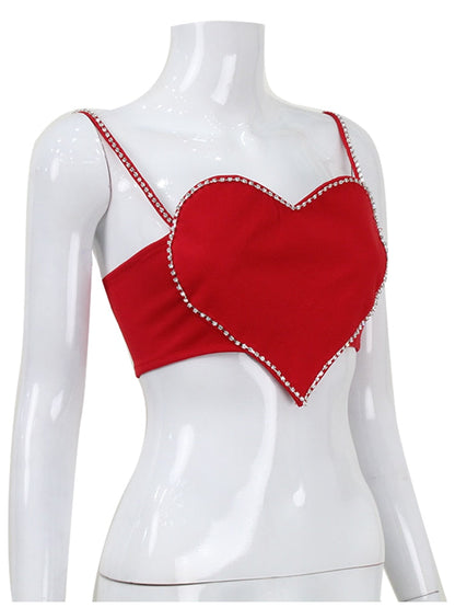 Red Heart Cut Out Graceful Rhinestone Strap Crop Top