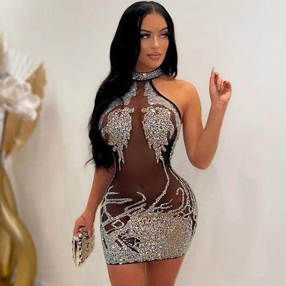 Rhinestone Sexy Gown Party Sparkly for Night Mini Women Gown Sheer with Club Bodycon Mesh Detail