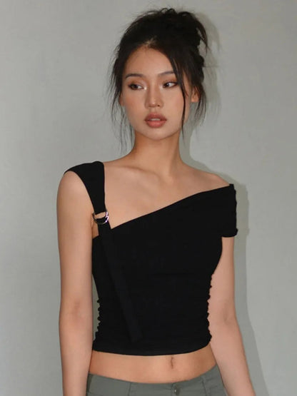 Asymmetric Strap Buckle Charming Sleeve Crop Top