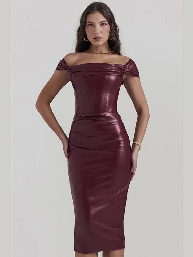 Kelly Wine Red Strapless Backless PU Leather Midi Dress