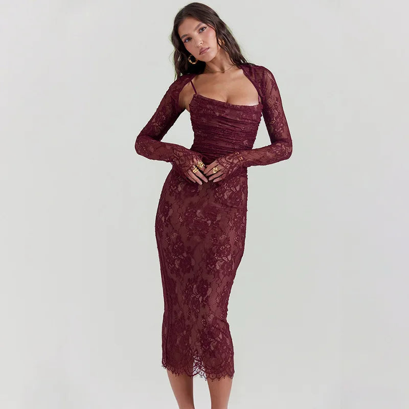 Red Lace Bodycon Charming Long Sleeve Midi Dress