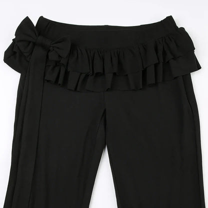 Black Lace Up Ruffled Flare Trendy Pants Low Waist Long Trouser