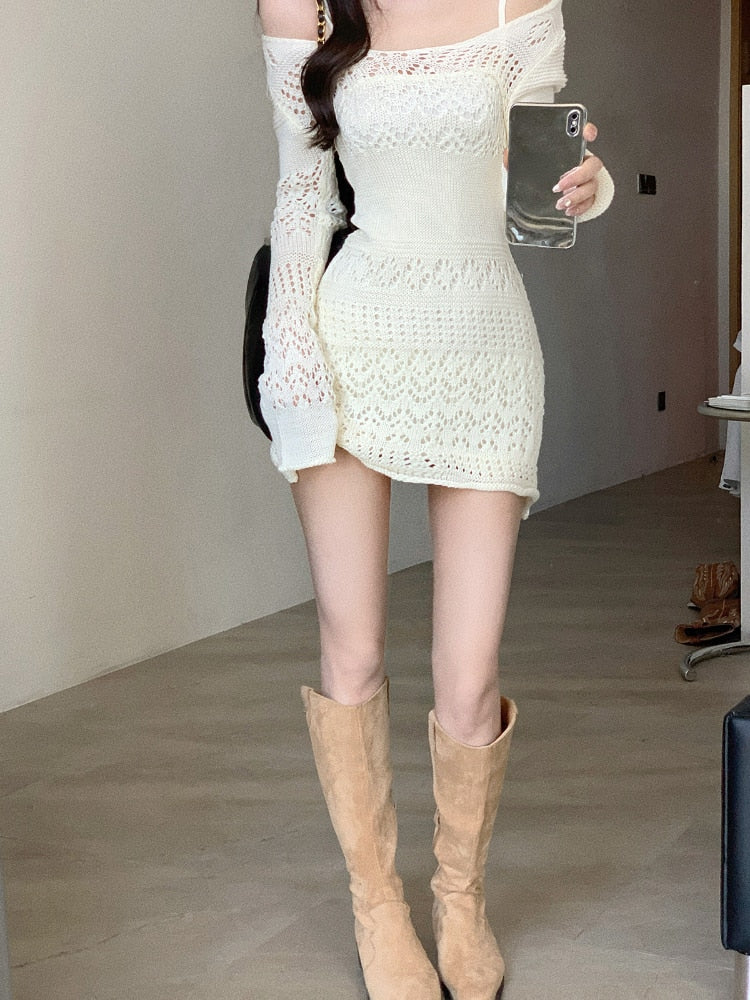 Y2k Sexy Gown Korea Mini Slim Brief Fashion Elegant Long Arm Gown Lace Party Knitted Women Gown Vintage