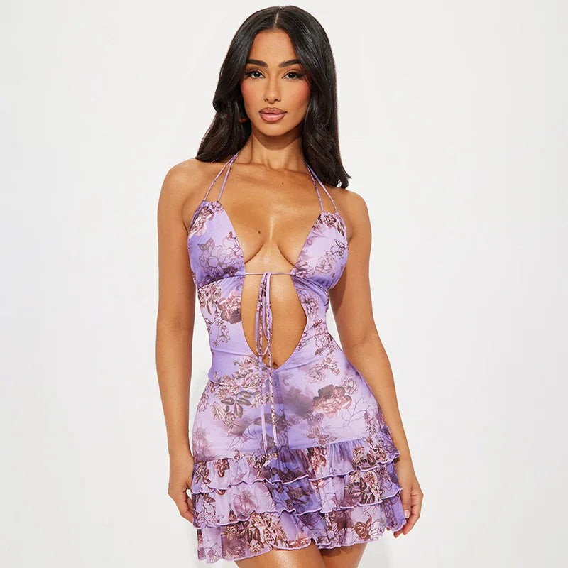 Purple Printed Deep Neck Graceful Frill Mini Strap Dress