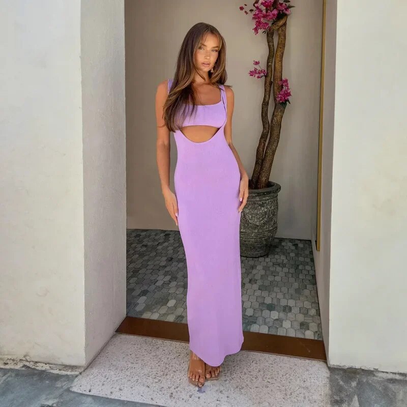 Ribbed Bandeau Deep Neck Graceful Layered Strap Long Dress