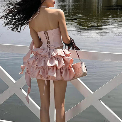 Satin Pink Corset Top Graceful And Ruffles Mini Skirt Set