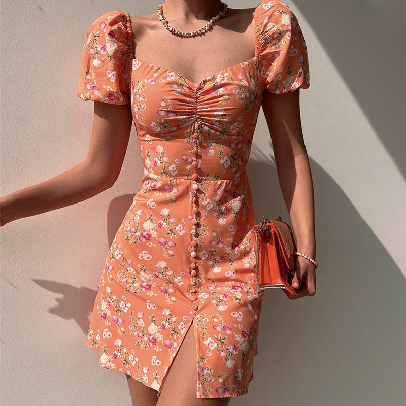 Waist Arm A-Line Puff Women's V-Neck High Flowered Dress