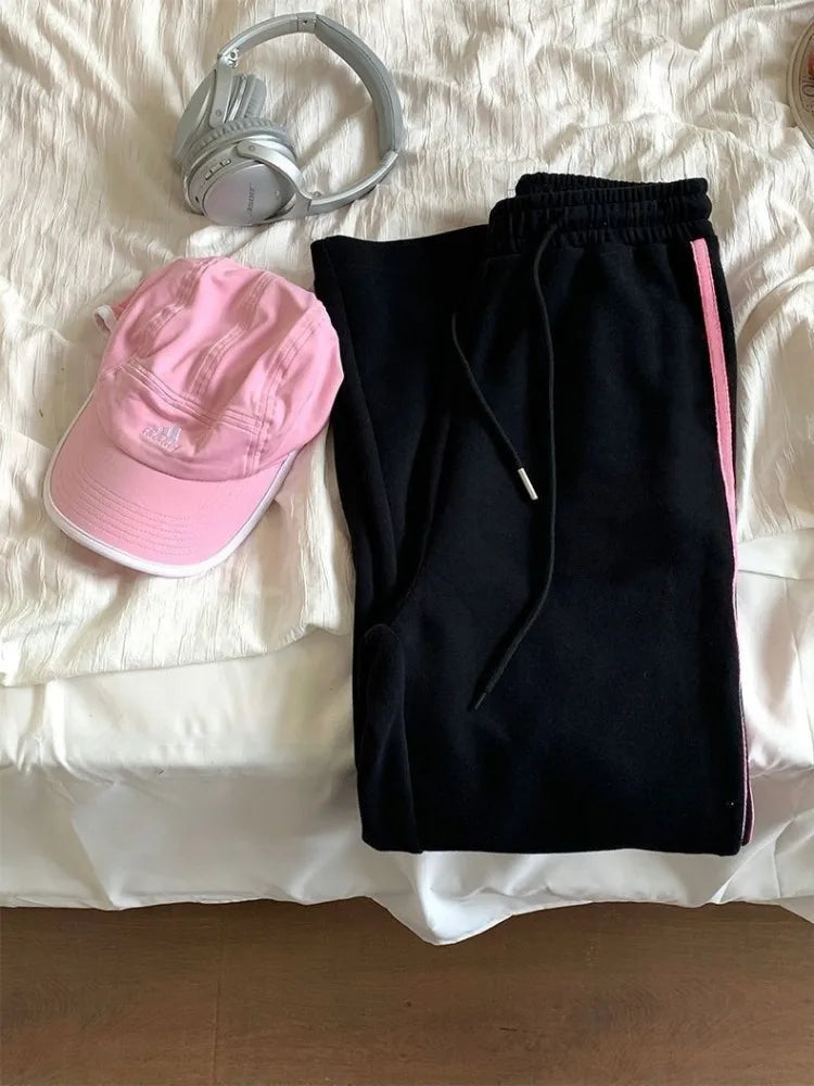 Black Sweatpants Stylish With Pink Stripes