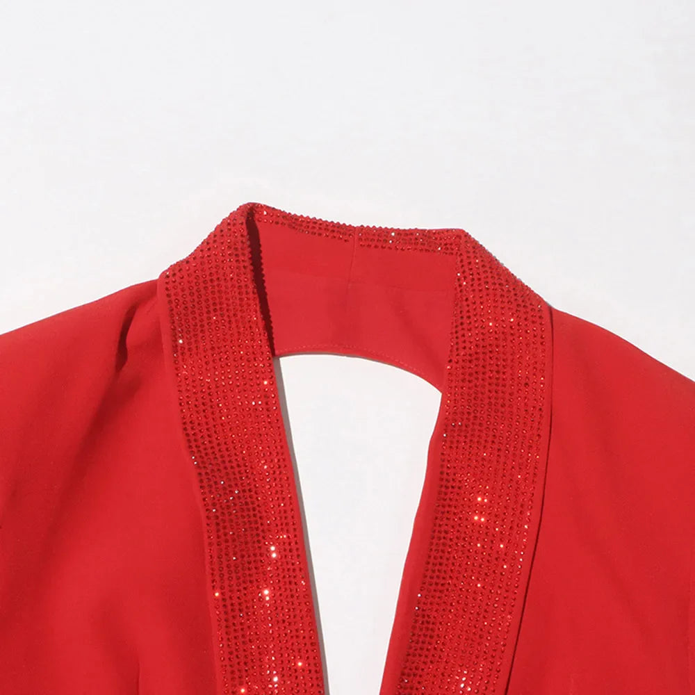 Red Sequin Collar Charming Open Back Blazer Dress