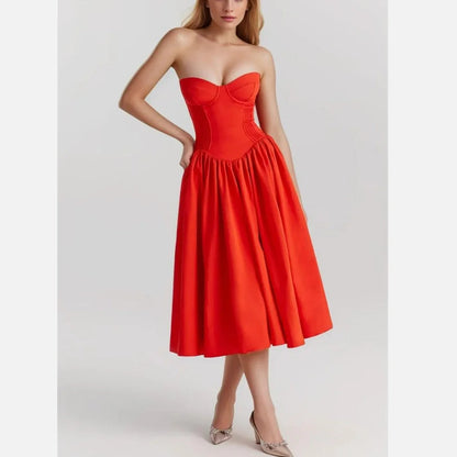 Red Bustier Pleated Charming Flare Midi Dress