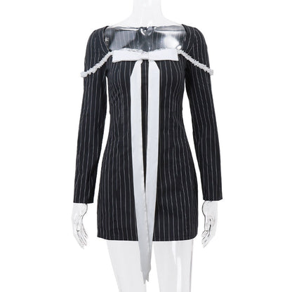 Black Stripe Long Charming Sleeve Bow Mini Dress