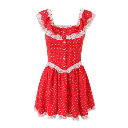 Ruffles Off-shoulder Button Charming Polka Dot Mini Dress