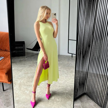 Ribbed Slit Stylish Sleeveless Midi Dress