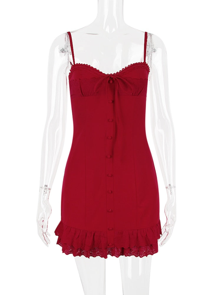 Red Lace Patchwork Charming Buttoned Mini Dress