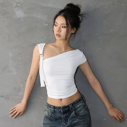 Asymmetric Strap Buckle Charming Sleeve Crop Top