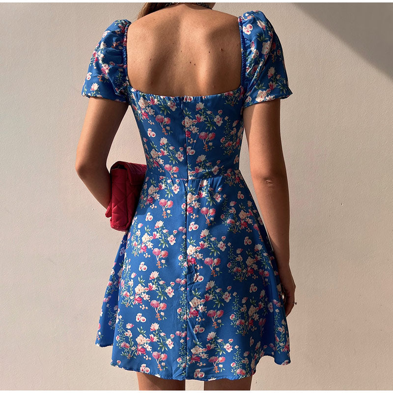 Waist Arm A-Line Puff Women's V-Neck High Flowered Dress