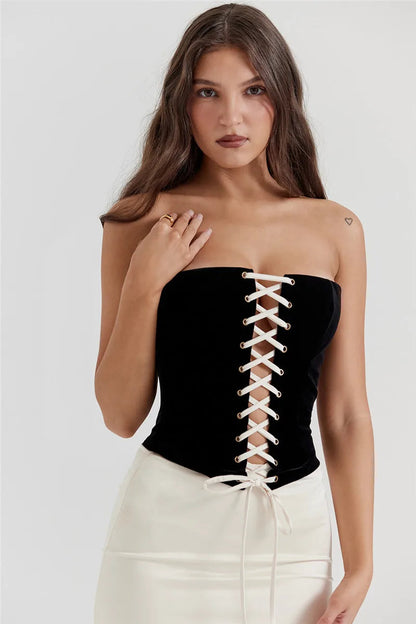 Black Lace Up Corset Top Trendy And White Satin Midi Skirt Set