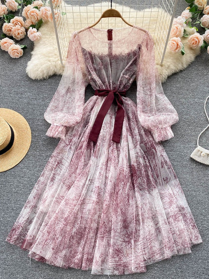 Summer and Bandage for Dresses Women Elegant Spring Vintage Gown Line and Coastal featuring Sleeves Patterned Patchwork Lantern Mesh with and A Party Dress