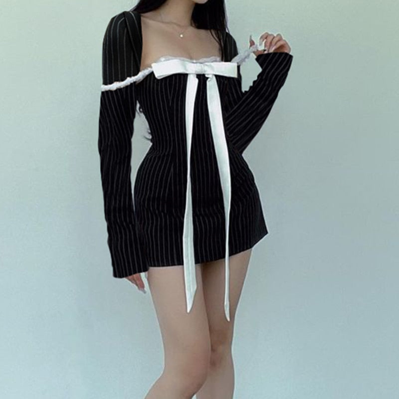 Black Stripe Long Charming Sleeve Bow Mini Dress