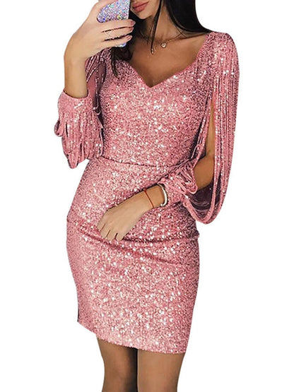 Sequined Stitching Shining Club Modern Bodycon Long Sleeved Mini Dress