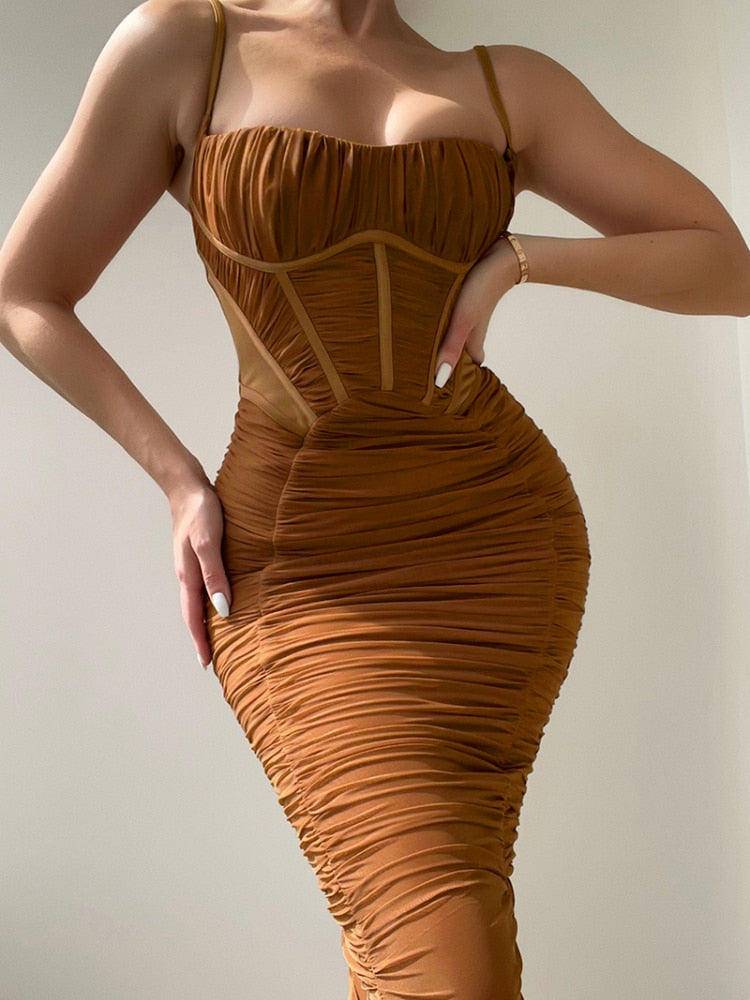 Sexy Warm-Season Strap Elegant Spaghetti Evening Woman Mesh Stretchy Party Gown Ruched Bodycon Long Full-Length Dress