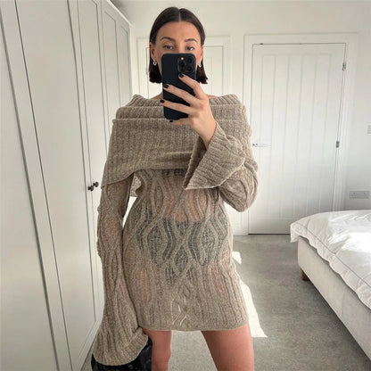 Sheer Knitted Stylish Off-Shoulder Mini Dress