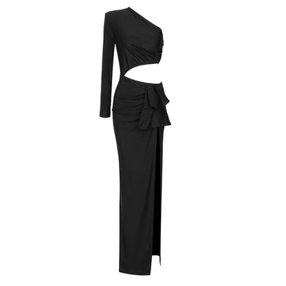 Autumn One-Shoulder Neckline Party Long Slit Design High Evening Black Ruched Gown Diagonal Winter Women Gown New