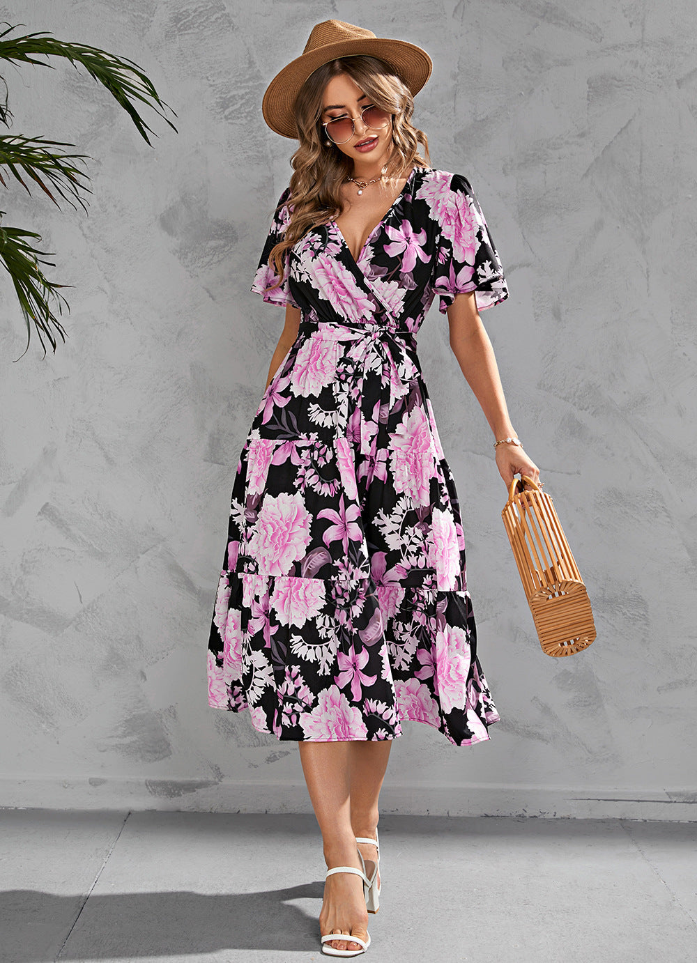 Women's Summer Floral V-Neck Short Sleeve Dress with Belt - Chiffon Mid-Length Boho Beach Sundress