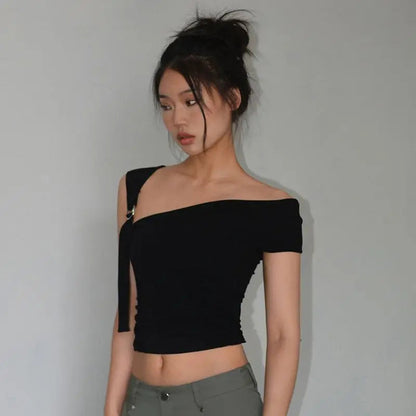 Asymmetric Strap Buckle Charming Sleeve Crop Top