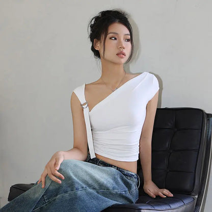 Asymmetric Strap Buckle Charming Sleeve Crop Top