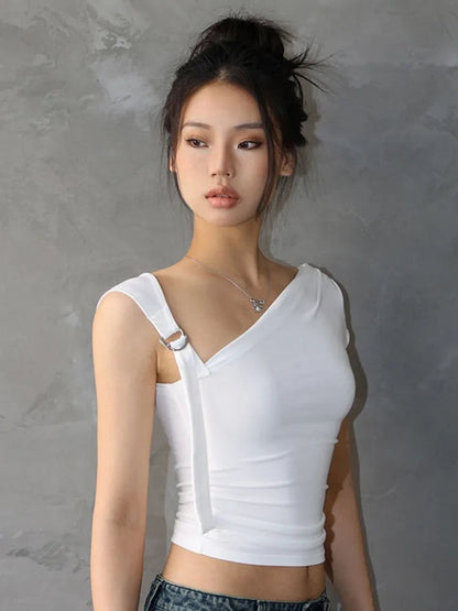 Asymmetric Strap Buckle Charming Sleeve Crop Top