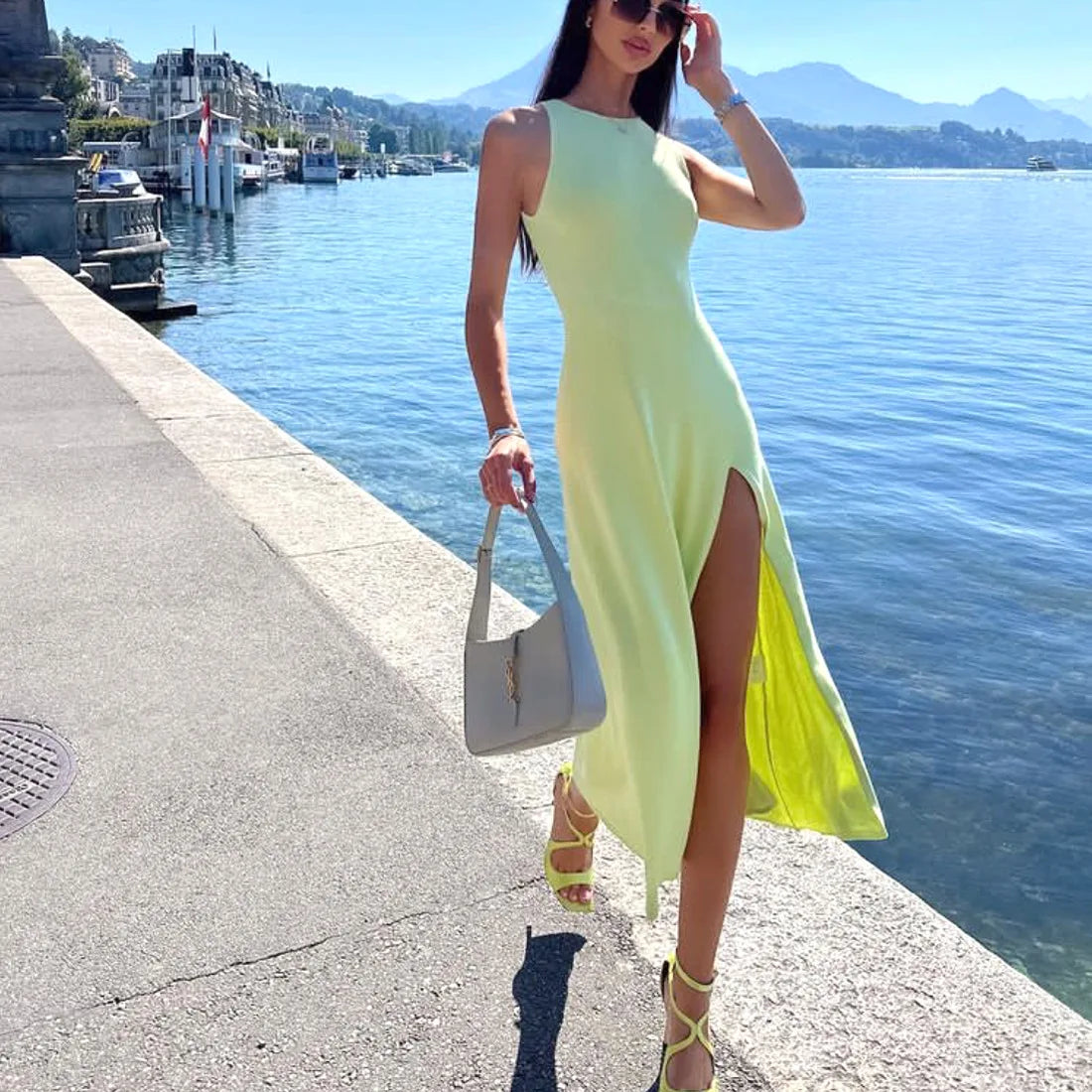 Ribbed Slit Stylish Sleeveless Midi Dress