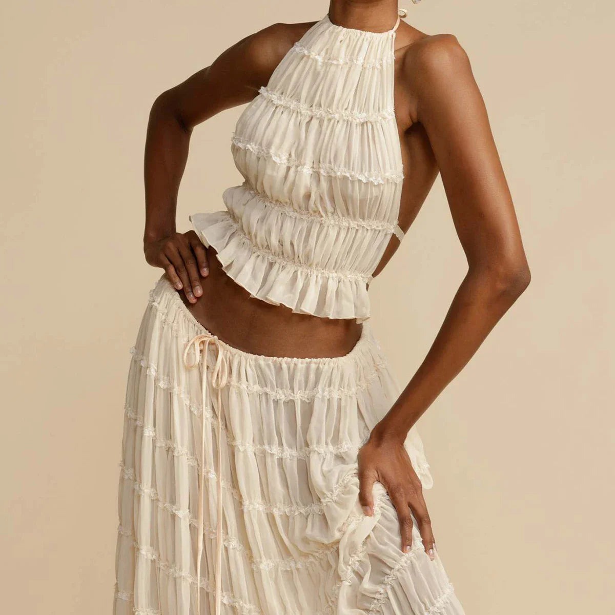 Ruched Halter White Top Graceful And Maxi Skirt Set