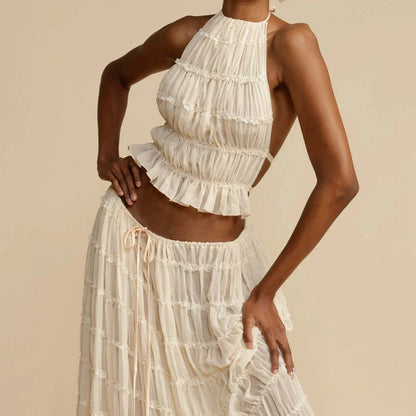 Ruched Halter White Top Graceful And Maxi Skirt Set